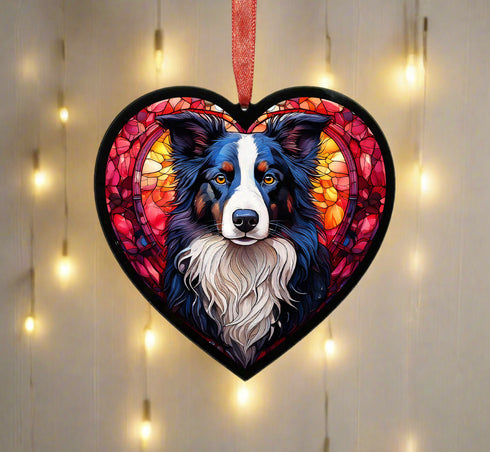Border Collie Stained Glass Effect Heart Suncatcher